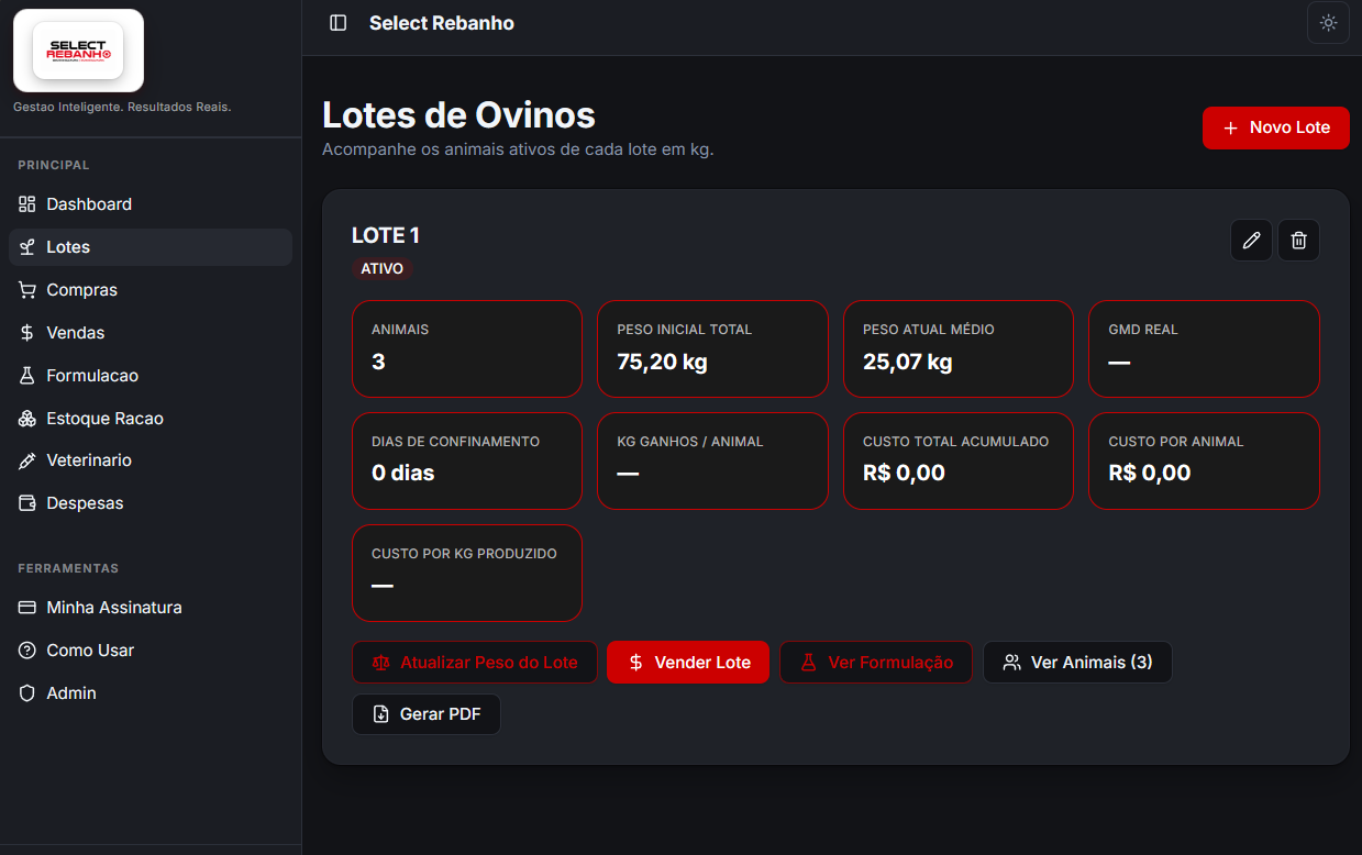 Print do módulo Lote do Select Rebanho Ovinos
