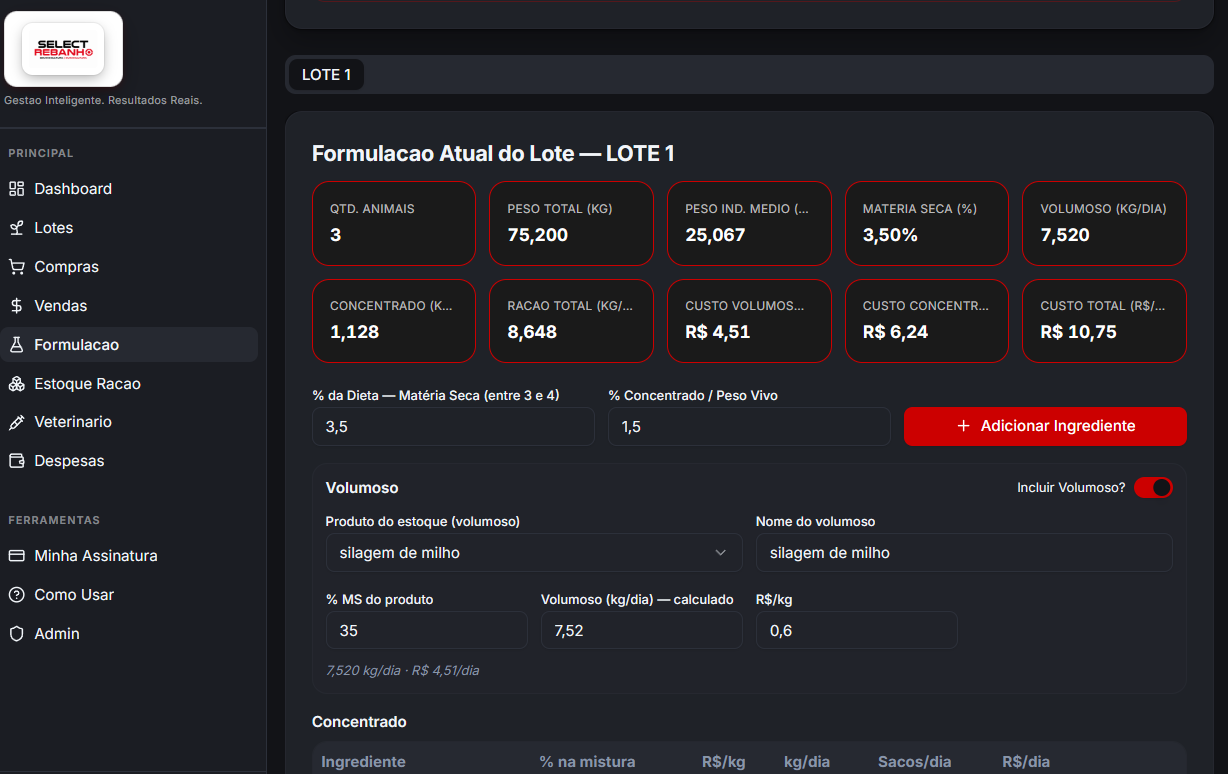 Print do módulo Formulação por Fases do Select Rebanho Ovinos